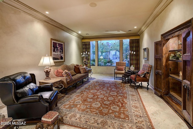 living room featuring crown molding