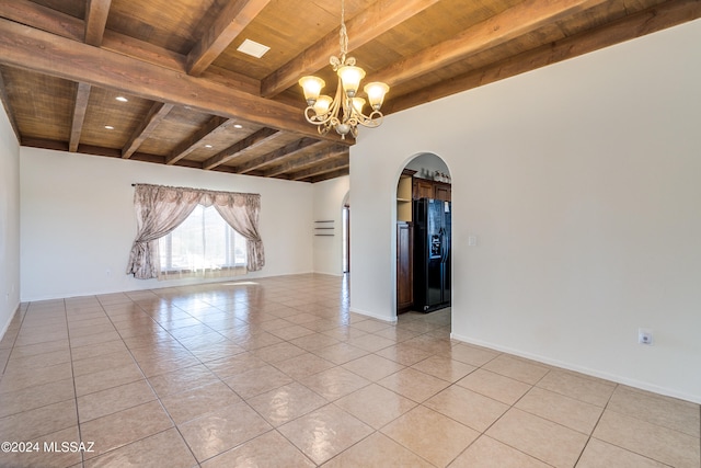 tiled empty room with beamed ceiling, wooden ceiling, and a chandelier