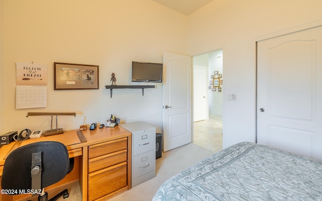 bedroom featuring a closet and light carpet