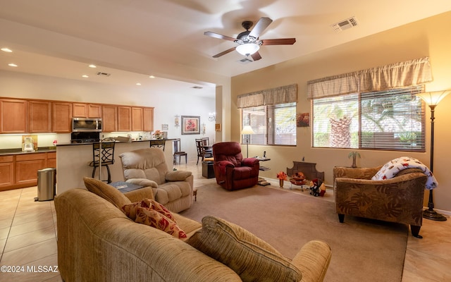 5860 S Painted Canyon Dr, Green Valley, AZ 85622 - living area featuring a ceiling fan, light tile patterned floors, and recessed lighting