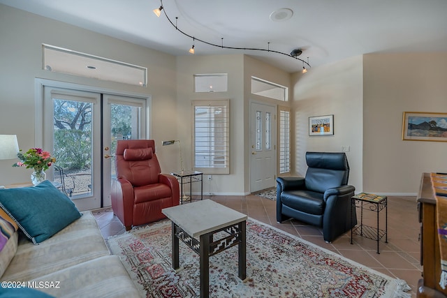 living room featuring light tile patterned flooring