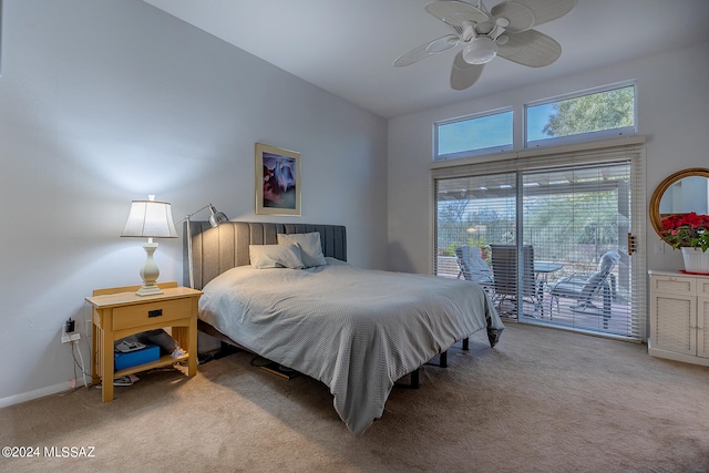 bedroom featuring ceiling fan, access to exterior, and light carpet