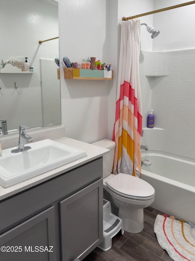 full bathroom featuring vanity, toilet, and shower / bathtub combination with curtain