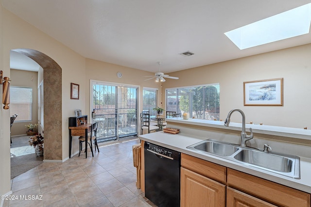 kitchen featuring a skylight, dishwasher, plenty of natural light, and sink