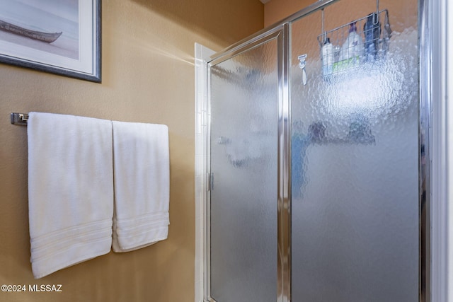 bathroom featuring a shower with shower door