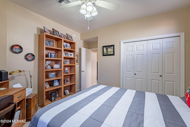 bedroom featuring ceiling fan and a closet