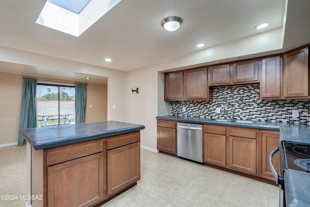 kitchen with a skylight, electric range, dishwasher, sink, and tasteful backsplash