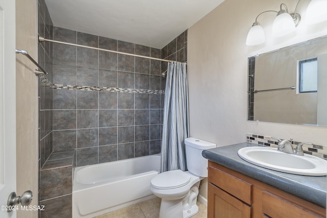 full bathroom with decorative backsplash, shower / bath combo, vanity, tile patterned flooring, and toilet