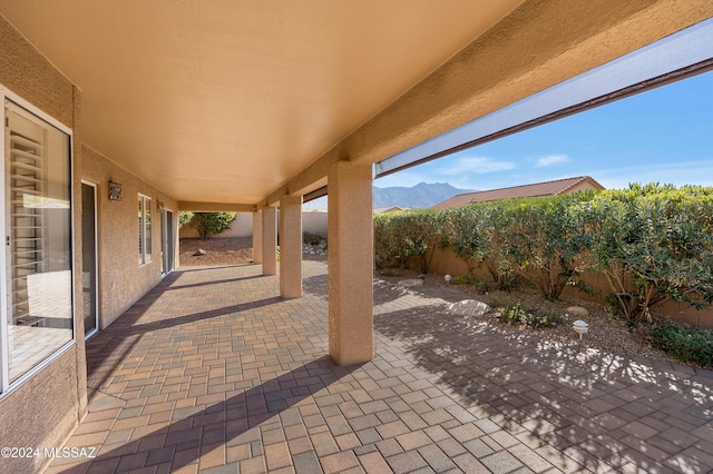 view of patio featuring a mountain view