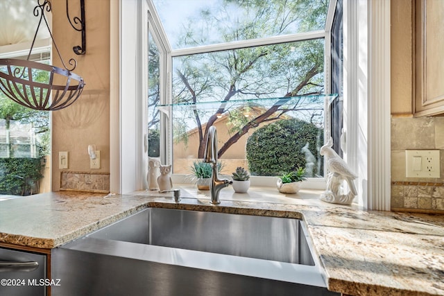 details featuring sink and light stone counters