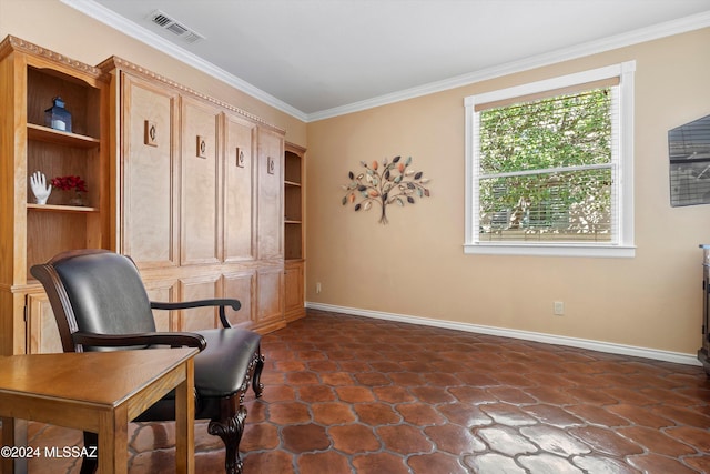 living area featuring built in shelves and ornamental molding