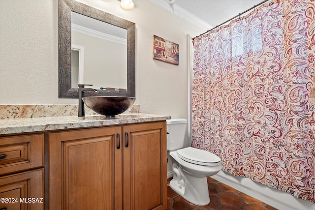 full bathroom with vanity, ornamental molding, shower / bath combination with curtain, tile patterned floors, and toilet