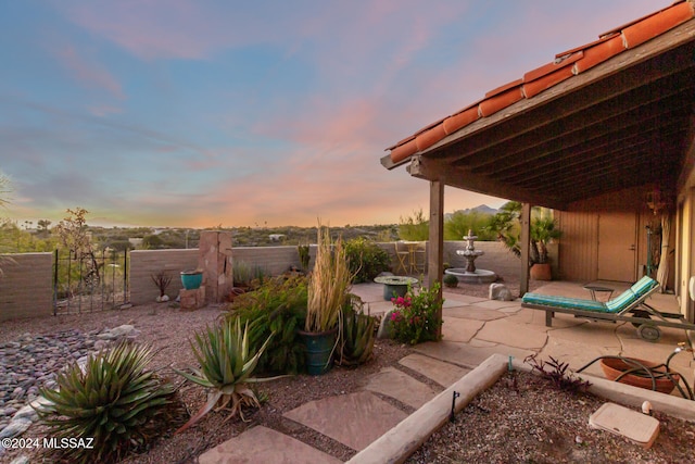 yard at dusk featuring a patio area