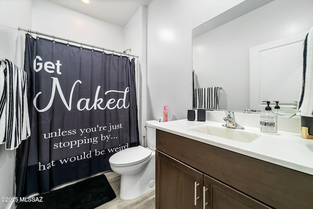 bathroom featuring vanity, wood-type flooring, and toilet