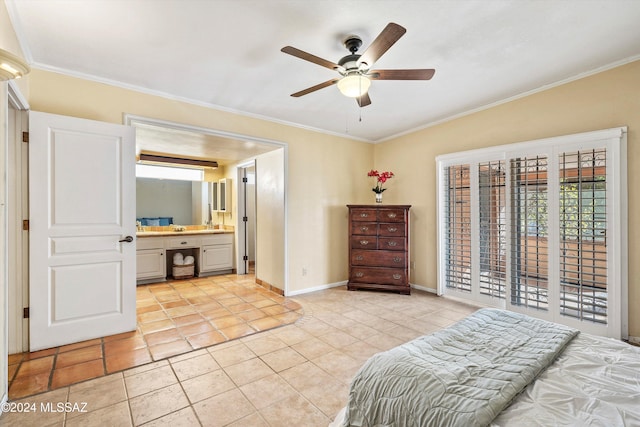 bedroom featuring ceiling fan, access to exterior, crown molding, and ensuite bath