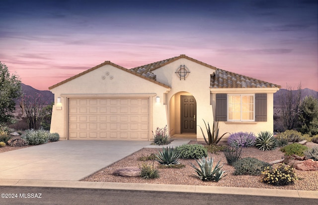 view of front of home featuring a mountain view and a garage