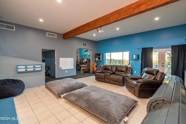 living room featuring beam ceiling, french doors, and light tile patterned flooring