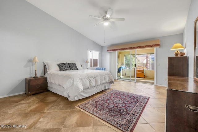 tiled bedroom featuring ceiling fan, access to exterior, and lofted ceiling