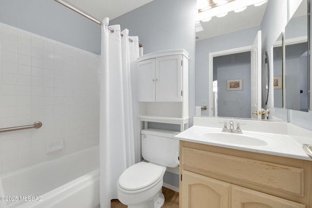 full bathroom with toilet, shower / tub combo, and vanity