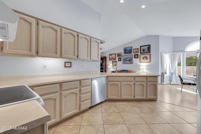 kitchen featuring lofted ceiling, dishwasher, kitchen peninsula, light tile patterned floors, and light brown cabinetry