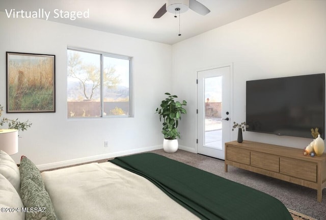 carpeted bedroom with access to outside and ceiling fan