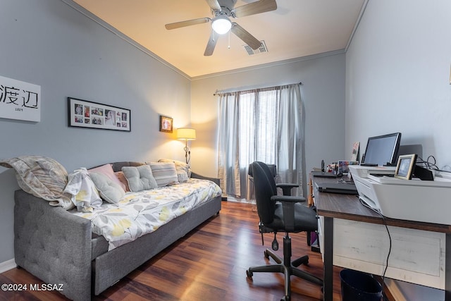 bedroom with ceiling fan, dark hardwood / wood-style floors, and crown molding