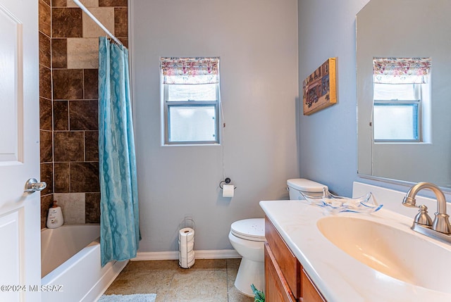 full bathroom with shower / bathtub combination with curtain, vanity, and toilet