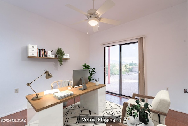 office space featuring ceiling fan and dark hardwood / wood-style floors