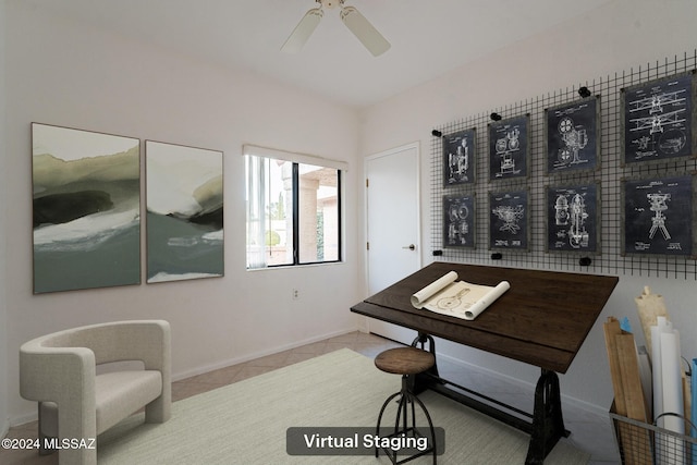 miscellaneous room with light tile patterned floors and ceiling fan