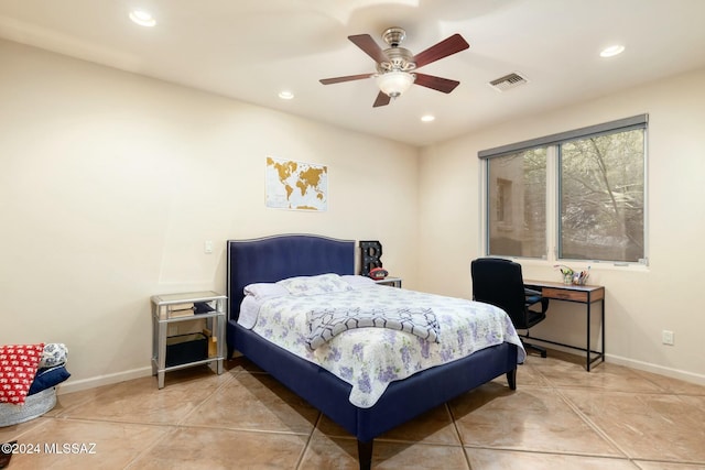 bedroom featuring ceiling fan and light tile patterned floors