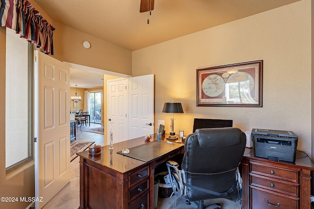 office space with a notable chandelier