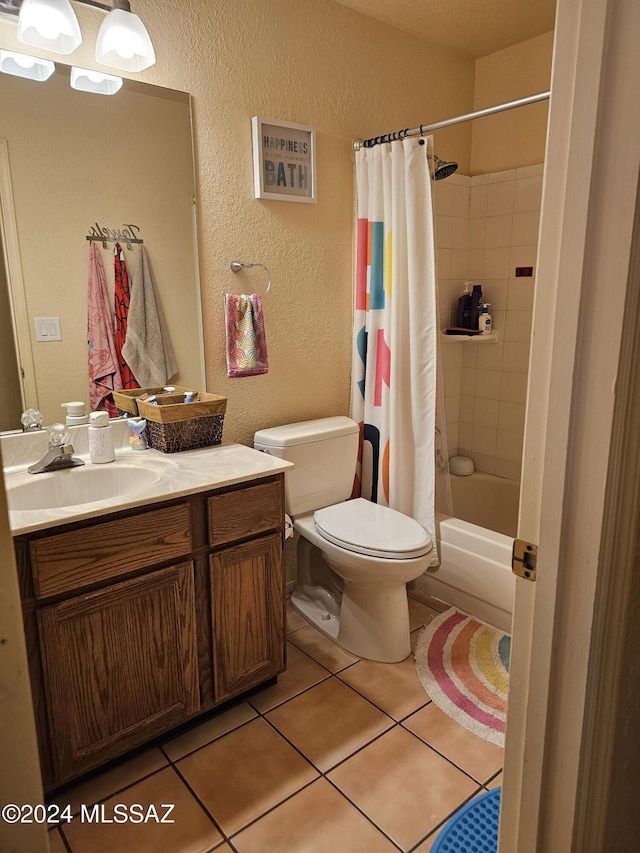 full bathroom with toilet, shower / tub combo, tile patterned flooring, and vanity