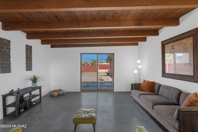 living room featuring wooden ceiling and beamed ceiling