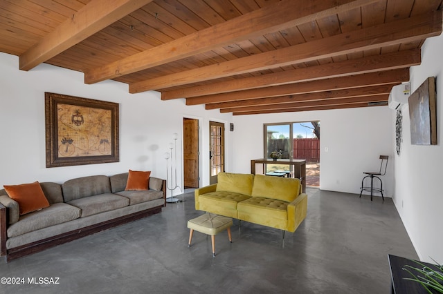 living room with an AC wall unit, beamed ceiling, and wooden ceiling