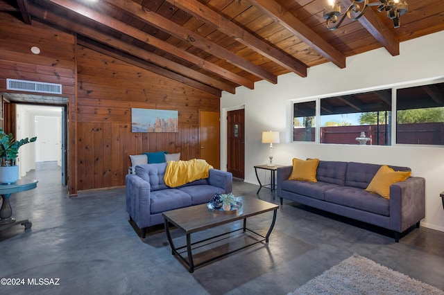 living room with wood ceiling, wood walls, high vaulted ceiling, a chandelier, and beamed ceiling