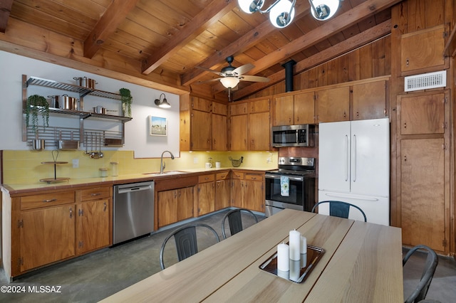 kitchen with ceiling fan, lofted ceiling with beams, sink, appliances with stainless steel finishes, and wood ceiling