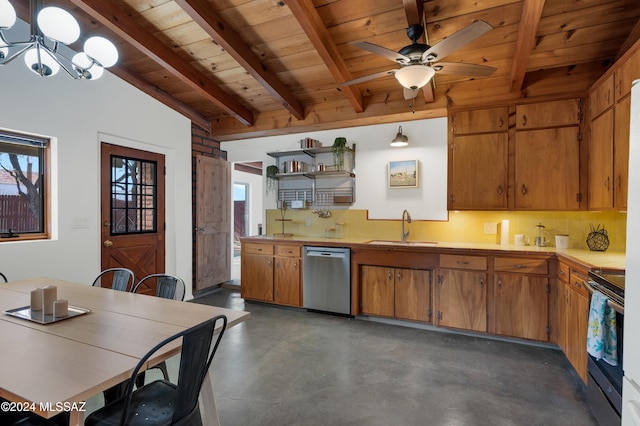 kitchen featuring wood ceiling, stainless steel appliances, backsplash, vaulted ceiling with beams, and sink