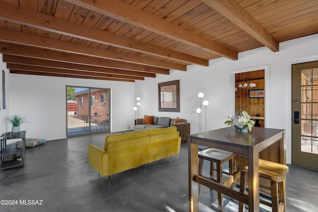 living room featuring wood ceiling and beamed ceiling