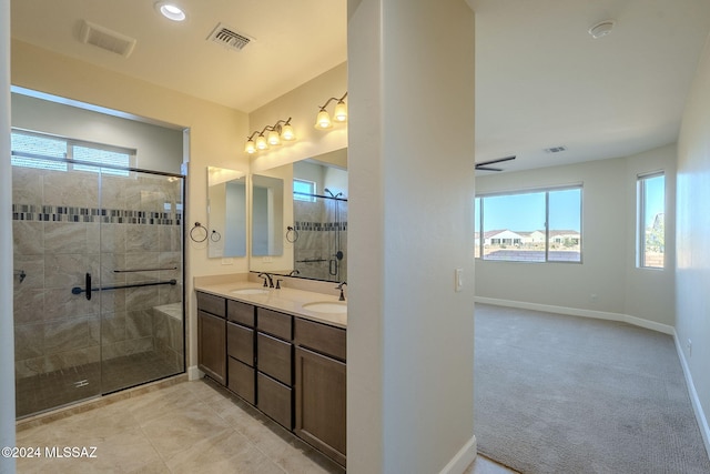 bathroom featuring vanity, a shower with door, and a healthy amount of sunlight