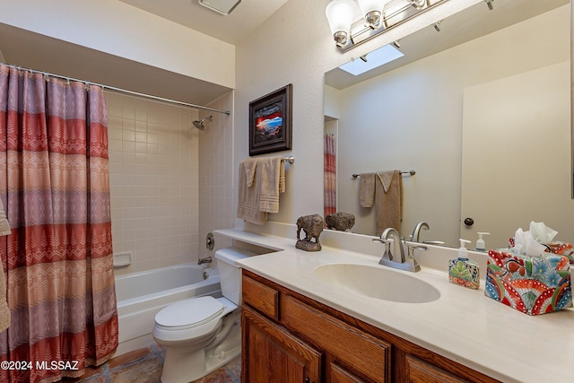 full bathroom with vanity, toilet, and shower / tub combo with curtain