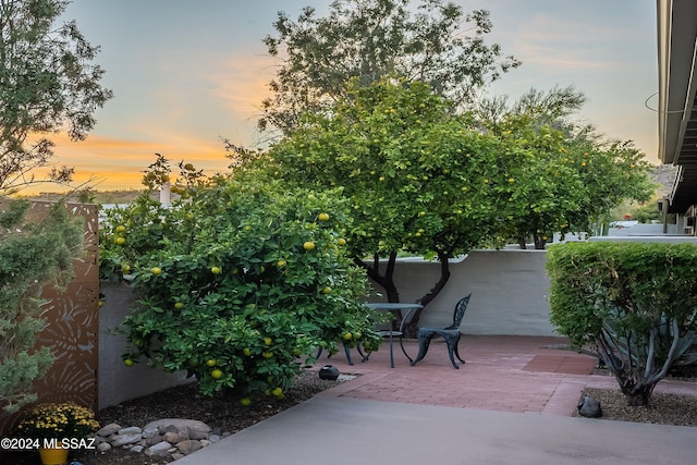 view of patio terrace at dusk