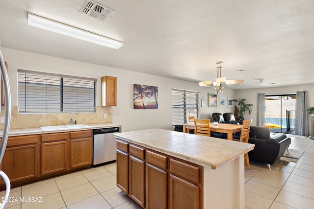 kitchen with sink, stainless steel dishwasher, a notable chandelier, backsplash, and pendant lighting