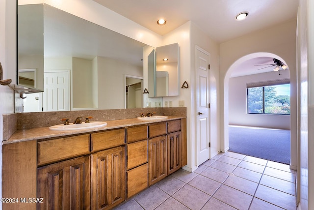 bathroom with vanity, tile patterned floors, and ceiling fan