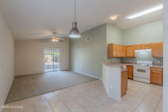 kitchen with lofted ceiling, white electric range, hanging light fixtures, light tile patterned floors, and kitchen peninsula