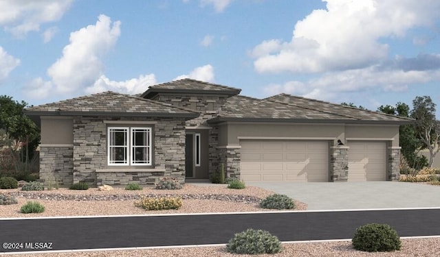 prairie-style house with an attached garage, concrete driveway, stucco siding, and stone siding