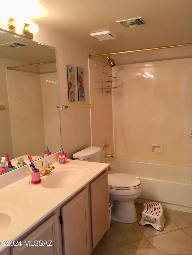 full bathroom with tile patterned flooring, vanity,  shower combination, and toilet