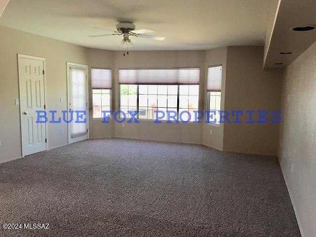 unfurnished room featuring ceiling fan and carpet floors