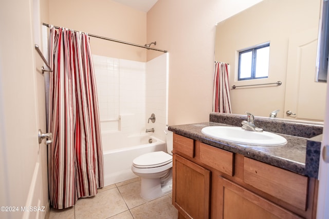 full bathroom with vanity, tile patterned flooring, shower / bathtub combination with curtain, and toilet