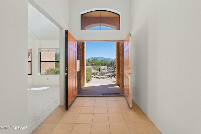 carpeted foyer entrance with a mountain view