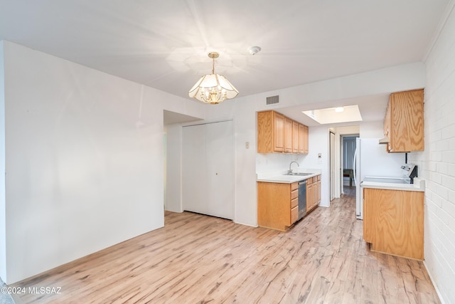 kitchen with dishwasher, sink, hanging light fixtures, stove, and light wood-type flooring